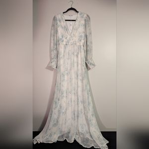Baltic Born Maxi Floral Blue Rose Long Sleeve Dress Flowy Lightweight Size S